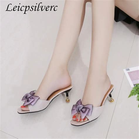 New Pattern Middle Heel Slipper Female Sex Summer Hundred And Up Bow Sexy Fine Heel Woman