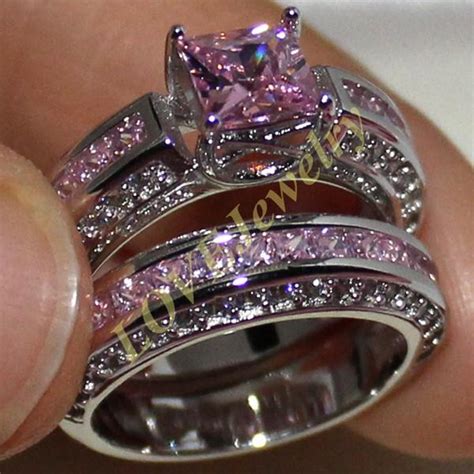 Truly tacori details create stunning beauty from every angle. 2019 Precious Princess Cut Simulated Pink Diamond 925 Silver Engagement Wedding Band Ring Set ...