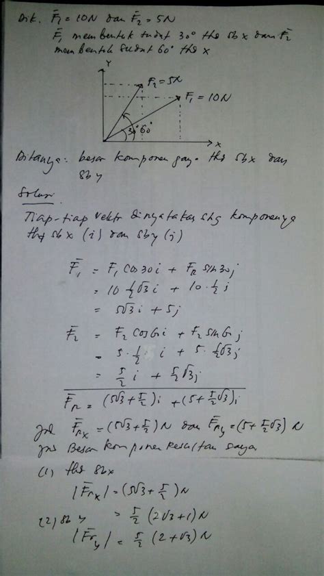 Diketahui sebuah dinding tembok salah satu sisinya akan diaplikasikan dengan keramik granit 60×60. Gaya F1 = 10N dan F2 = 5N yang terletak pada satu bidang ...