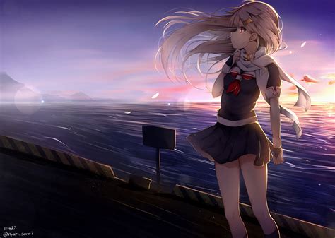 Aliasing Anthropomorphism Blush Clouds Kantai Collection Long Hair Nyum Red Eyes Signed Skirt