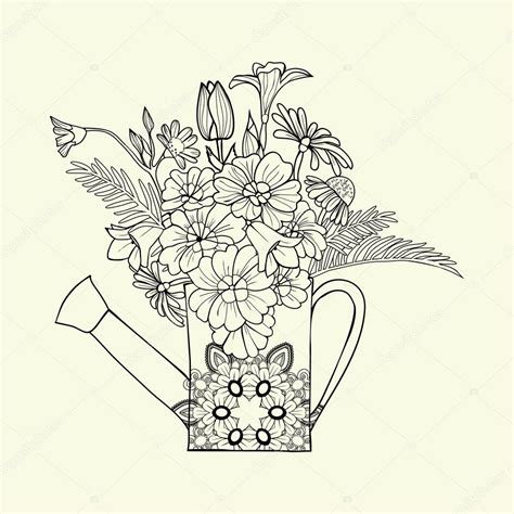 Regadera de imagen decorada dibujada a mano con flor y hierba vector gráfico vectorial