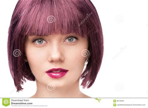 Close Up Portrait Of Attractive Girl With Purple Hair Stock Photo