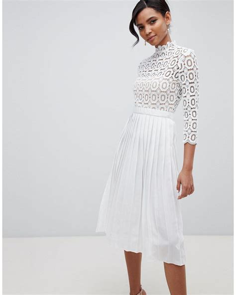 Little Mistress 34 Sleeve Lace Top Pleated Midi Dress In White Lyst