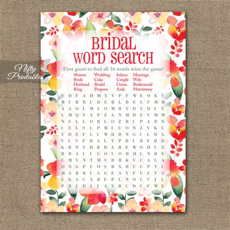 Bridal Shower Word Search Game Red Floral Nifty Printables