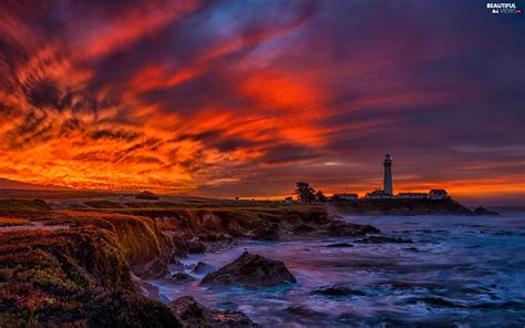 Rocks Lighthouse West Maritime Coast Clouds Sun Beautiful Views