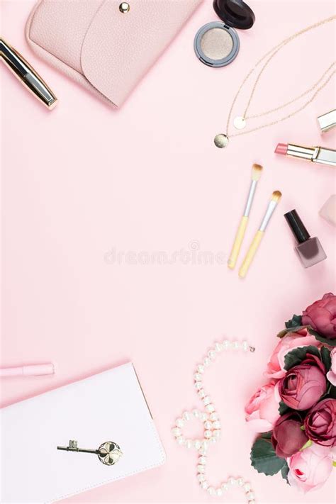 Beauty Blog Concept Flat Lay Fashion Accessories Flowers Cosmetics