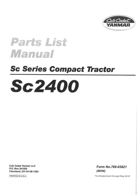 Yanmar Cub Cadet Compact Tractor Sc2400 Parts Manual