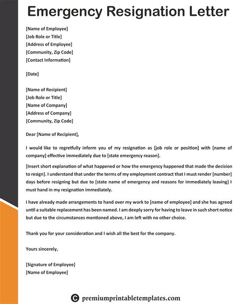Emergency Resignation Letter Templates Resignation Letter Letter