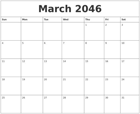 March 2046 Print Out Calendar