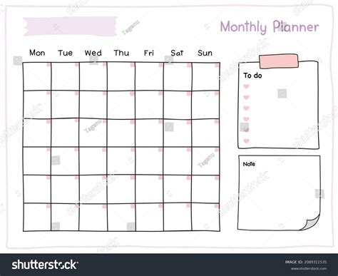 Printable Editable Monthly Calendar Template Planning Stock Vector