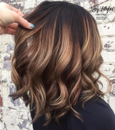 Wavy Chocolate Lob With Wide Highlights Hair Styles Brown Hair
