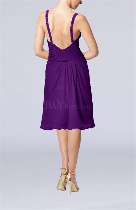 Dark Purple Plain Sleeveless Backless Chiffon Ruching Wedding Guest