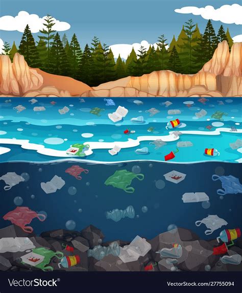 Water Pollution With Plastic Bags In Ocean Illustration Download A