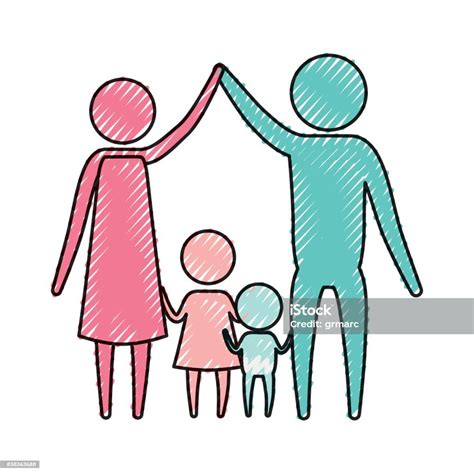 색상 크레용 실루엣 그림 몇 부모 위로 손 하 고 아기와 그들 가운데 여자 가족에 대한 스톡 벡터 아트 및 기타 이미지 가족