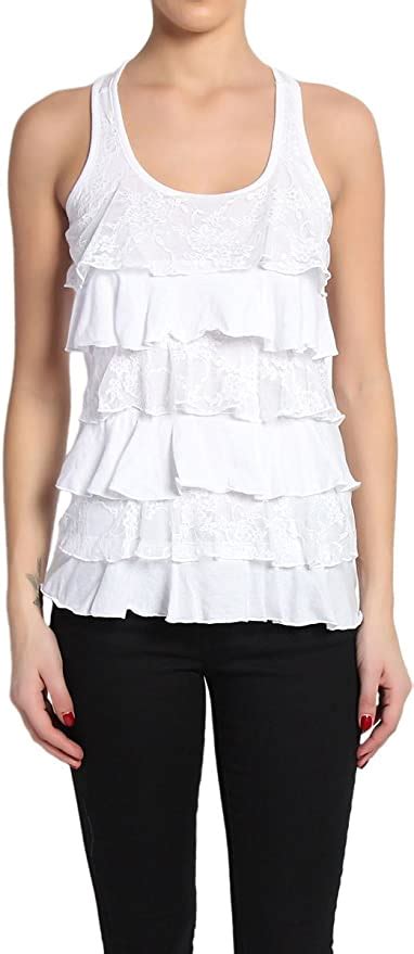 Womens Lace Tiered Ruffle Racerback Tank Top White Large
