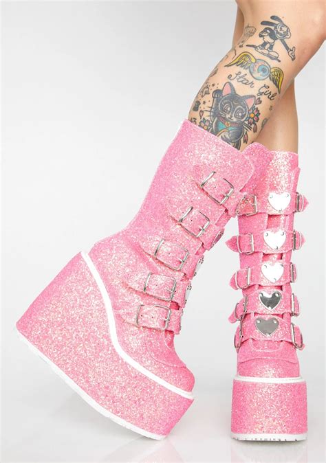 Demonia Swing 230 Heart Buckle Platform Boots Pink Glitter Goth Platforms Cute Womens Shoes