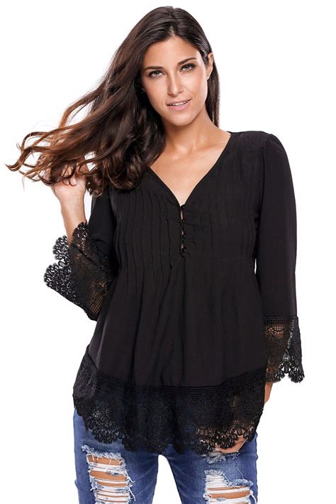 S 2xl Women Shirt Black Lace Detail Button Up Sleeved Blouse Femininas
