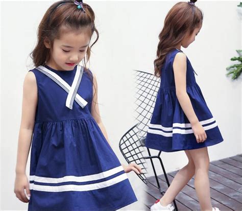 Girls Naval Wind Dress 2017 Children Newest Summer O Neck White Striped