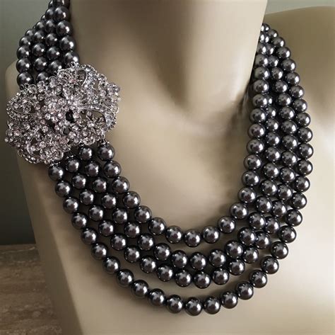 Grey Pearl Necklace Set With Earrings 4 Strands Dark Grey Crystal