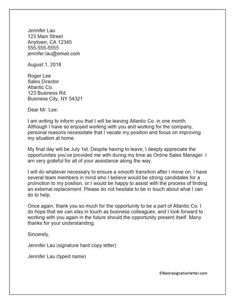 Reason For Leaving Job Letter Sample Resignation Letter