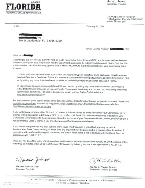 A corporate officer and an electronic return originator (ero) use this form when the corporate officer wants to use a personal identification number (pin) to electronically sign a corporation's electronic income tax return and, if applicable, consent to electronic funds withdrawal. CDL Disqualification Letter Florida DMV ~ DOT Physical Ft ...