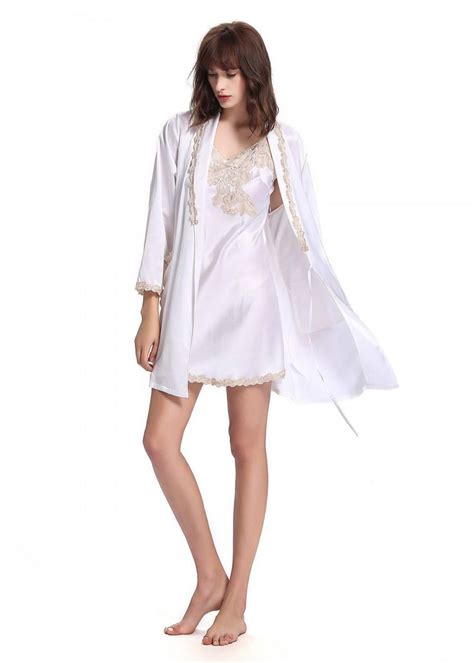 Momme Silk Nightgown Robe Set With Delicate Lace Silk Night