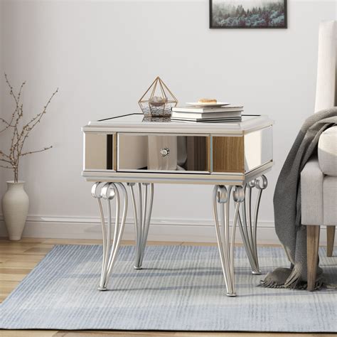 Mamie Modern Mirrored Accent Table With Drawer Tempered Glass Gdf Studio