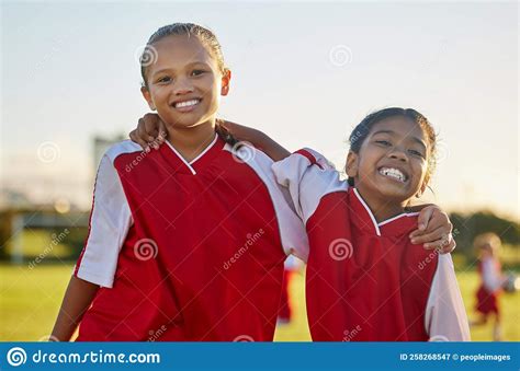 Girls Hug And Soccer Team In Fitness Game Kids Workout And Training