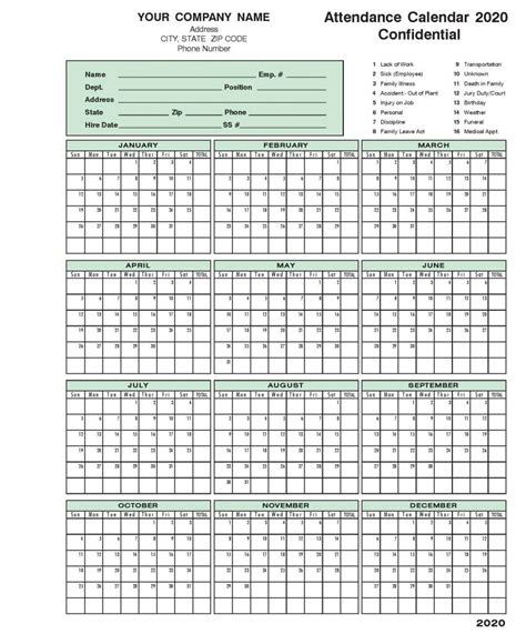 Employee Attendance Calendar Tracker Template 2020 Printable