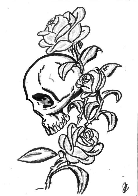 Black Outline Gothic Skull With Roses Tattoo Stencil By Mo Kheir