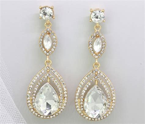 Bridal Earrings Gold Crystal Teardrop Chandelier Stud Earrings