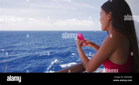 Cruise Ship Vacation Woman Taking Photo With Phone Camera Enjoying