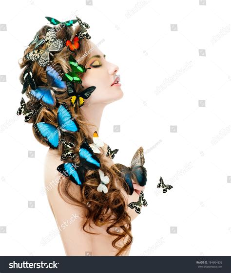 Beautiful Woman With Butterflies In Her Hair Stock Photo 134604536