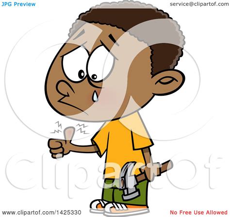 Clipart Of A Cartoon African American Boy Crying After Banging His Thumb With A Hammer Royalty