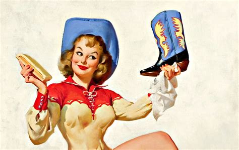 Cowgirl By Gil Elvgren Red Art Cowgirl Boot Blonde Woman Hat