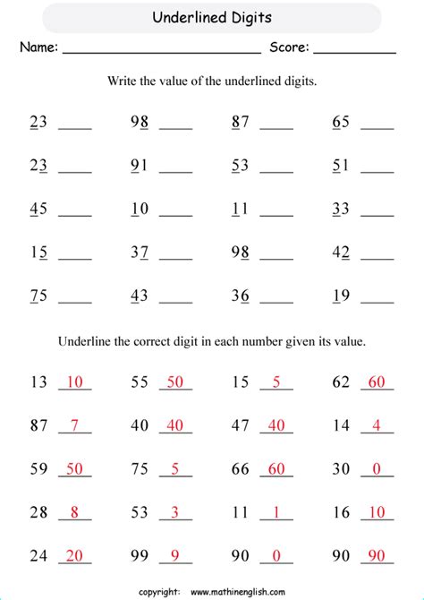 underlined digits place  worksheet