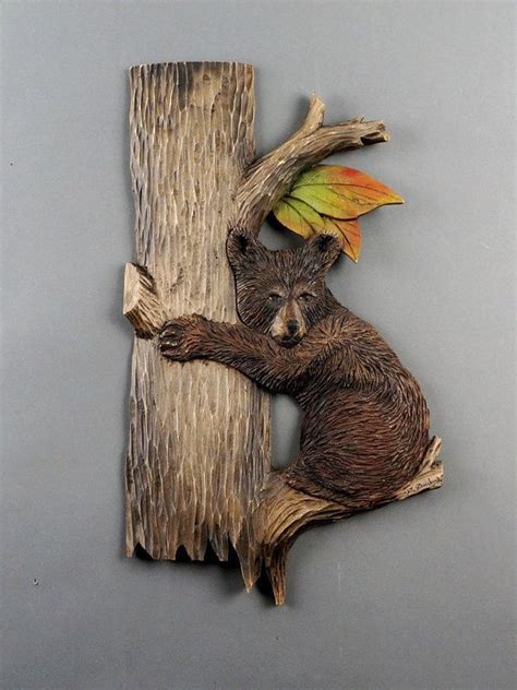 Hunting T Baby Bear Woodcarving Natural Wood With Bark Unique Wall