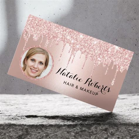 Modern Rose Gold Glitter Drips Beauty Salon Photo Business Card Zazzle