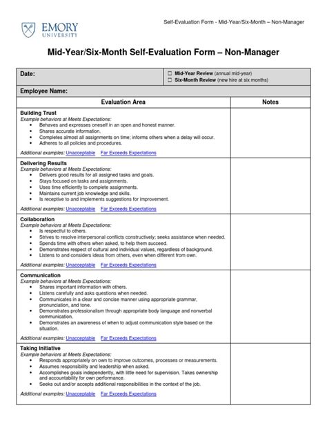 An outside evaluator often serves as a coach or additional facilitator depending on internal. Mid-Year/Six-Month Self-Evaluation Form - Non-Manager ...