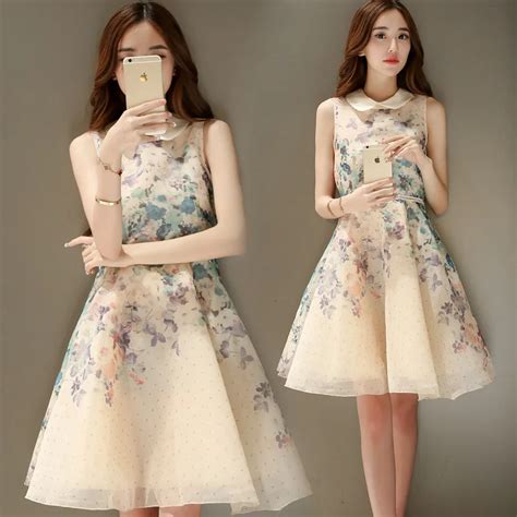 Hot Sale Korean Fashion Lovely Floral Print Organza A Line Yellow Dress Elegant Summer Style