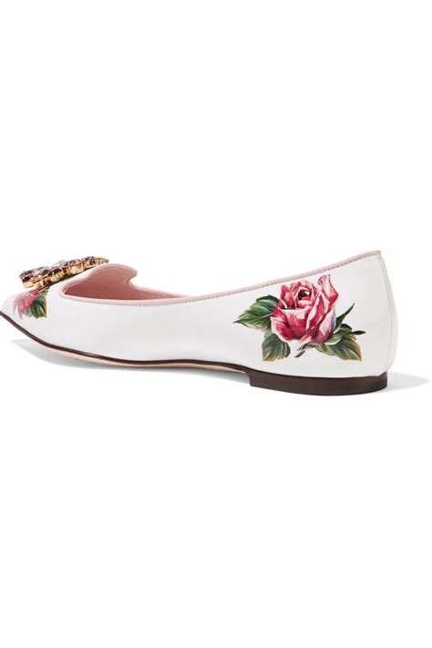 White Womens Dolce And Gabbana Flat Shoes Embellished Floral Print