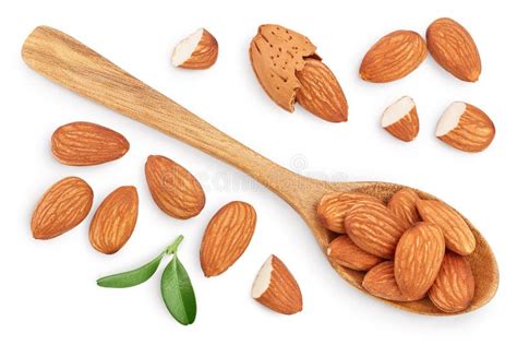 Almonds Nuts With Leaves In Wooden Spoon Isolated On White Background