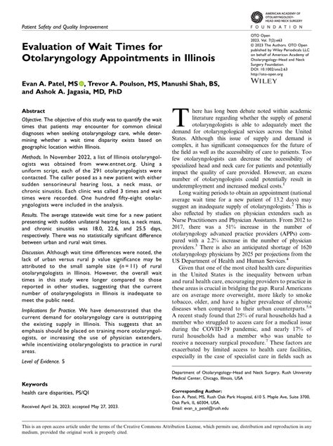 Pdf Evaluation Of Wait Times For Otolaryngology Appointments In Illinois