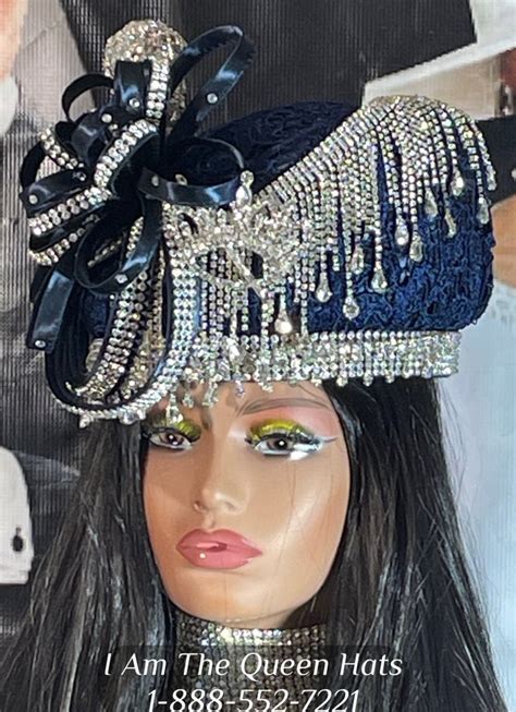 Navy Blue Church Hats Trimmed With Rhinestones