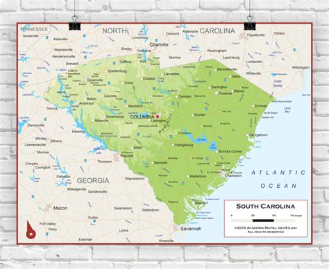 South Carolina Physical Wall Map