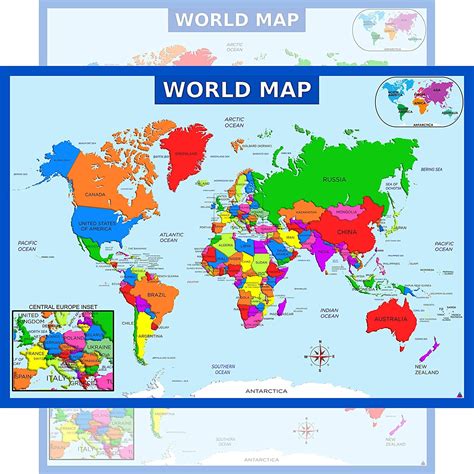 World Map Poster With Central Europe Inset Laminated Educational