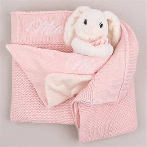 Personalised Newborn Baby T Pink Knitted Blanket And Bunny