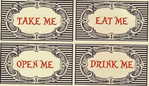 Alice in Wonderland eat me take me drink me open me tent cards party