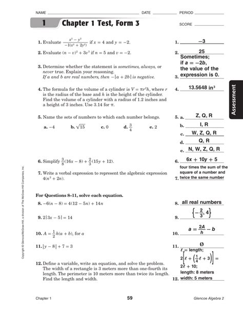 Chapter 4 Test Form 2c Algebra 1 Answer Key Form Example Download