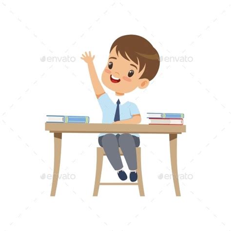 Boy Sitting At The Desk And Rising His Hand Boy Sitting